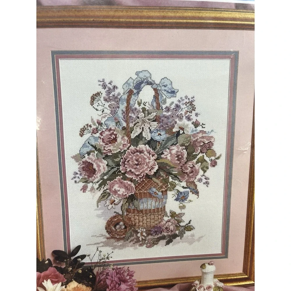 Vintage 90s Candamar Counted Cross Stitch Kit- Basket Bouquet Flowers 50627 NEW